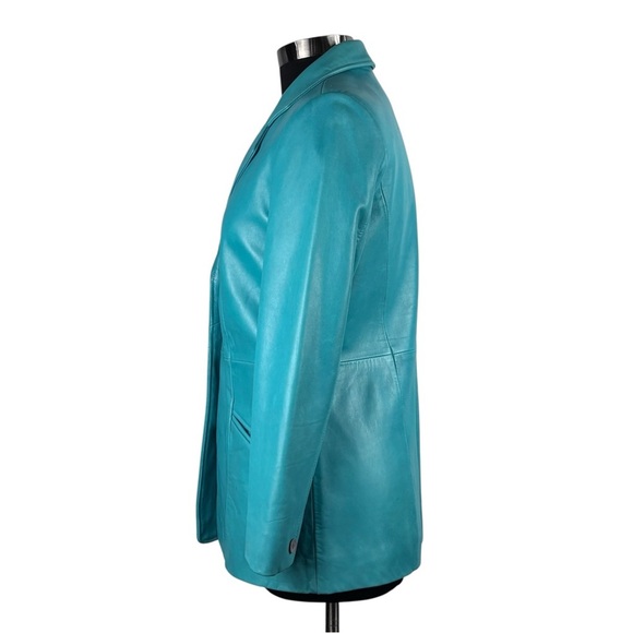 BERNARDO Y2K TEAL OVERSIZE LEATHER BUTTON DOWN BLAZER JACKET CAR COAT - Picture 7 of 16